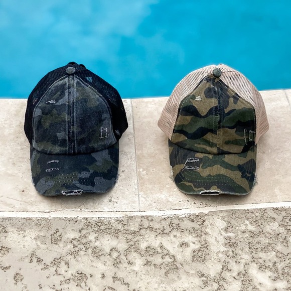 Distressed BLACK Camo Criss-Cross High Pony Ball Cap - Picture 3 of 9